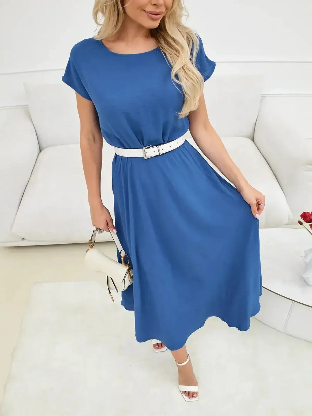 Relaxed-fit Drift Maxi Dress in blue featuring a belted waist, perfect for summer casual or elegant occasions.