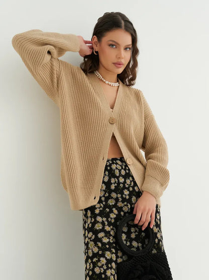 Dune Cardigan by Lauven – Oversized button-front knitwear in dark beige, stylish and cozy for women.