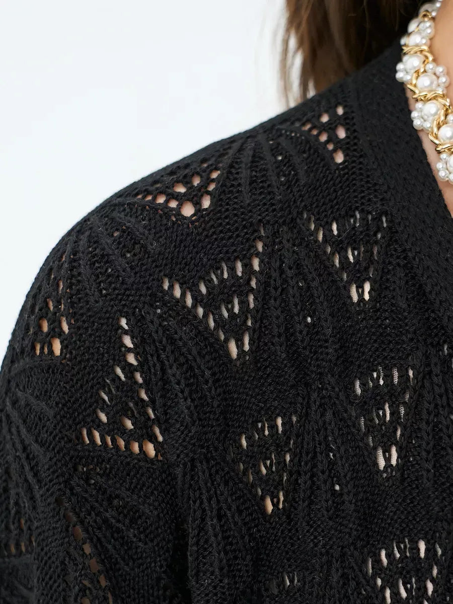 Close-up of the Ebony Cardigan by Lauven showcasing intricate lace patterns and breathable knit design.