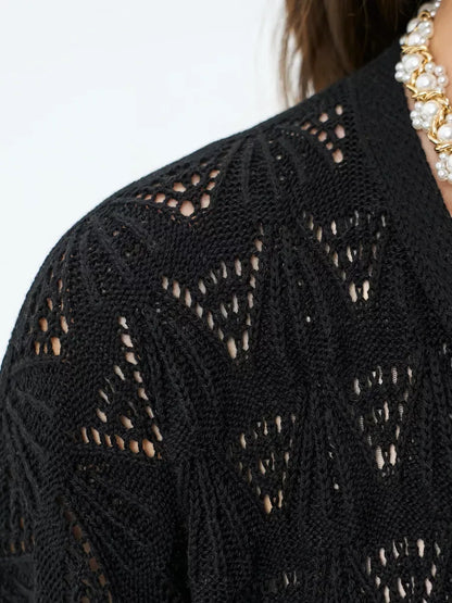 Close-up of the Ebony Cardigan by Lauven showcasing intricate lace patterns and breathable knit design.