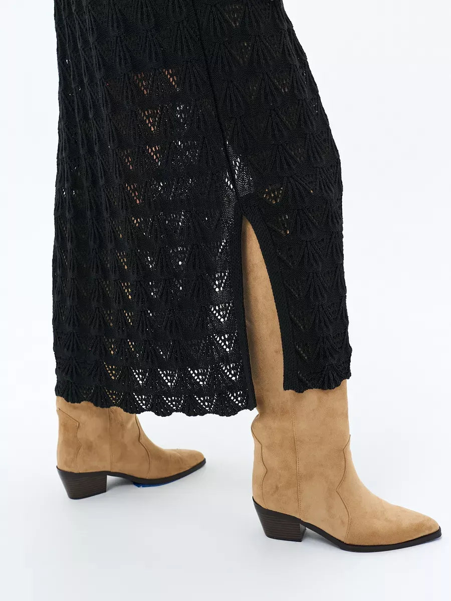 Ebony Cardigan by Lauven featuring openwork lace design and stylish tan boots for summer fashion.