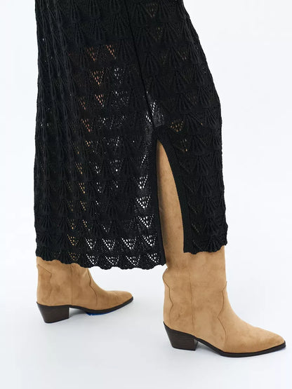 Ebony Cardigan by Lauven featuring openwork lace design and stylish tan boots for summer fashion.