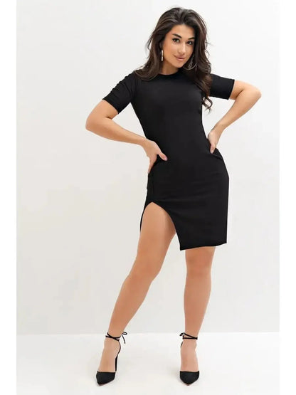 Model showcasing a black mini dress with a high side slit and round neckline, perfect for casual or formal occasions.