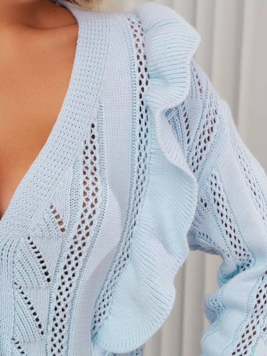 Elara Cardigan by Lauven in light blue knit with ruffles and open-knit texture, perfect for stylish layering.