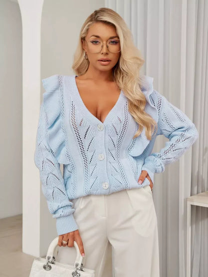 Elara Cardigan by Lauven - Long light blue knit cardigan with ruffles and button closure, perfect for stylish layering.