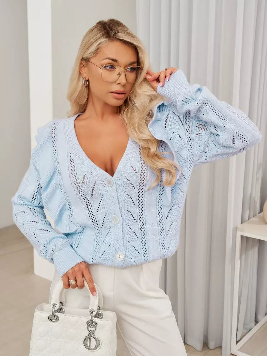 Elara Cardigan by Lauven - Long light blue knit with ruffles and button closure, perfect women’s layering piece.