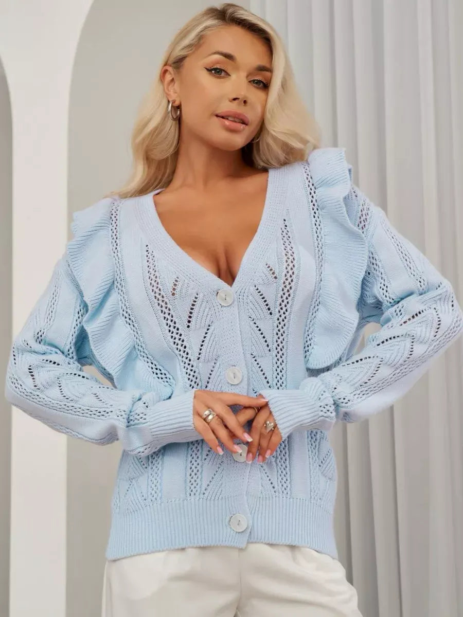 Elara Cardigan by Lauven - Long light blue knit cardigan with ruffles and button closure