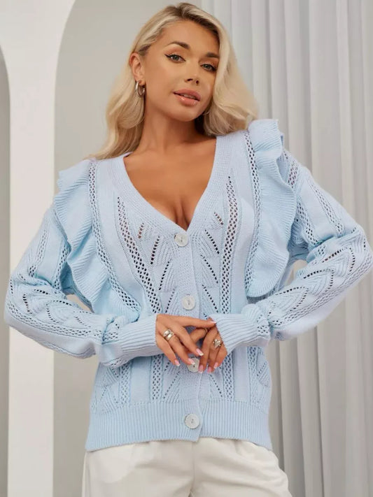 Elara Cardigan by Lauven - Long light blue knit cardigan with ruffles and button closure