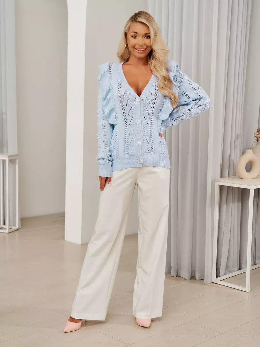 Elara Cardigan by Lauven - Light blue knit cardigan with ruffles and button closure, perfect for stylish layering.