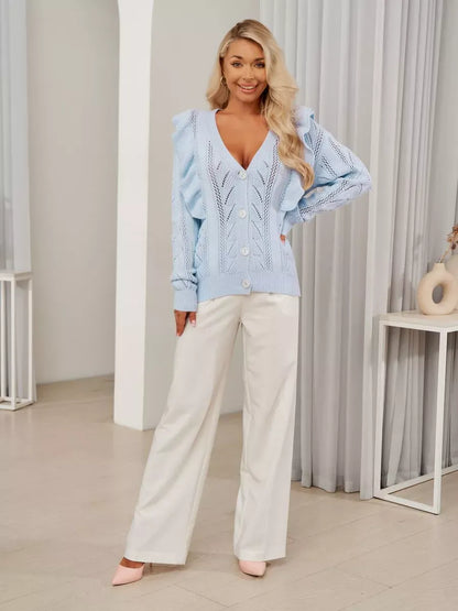 Elara Cardigan by Lauven - Light blue knit cardigan with ruffles and button closure, perfect for stylish layering.