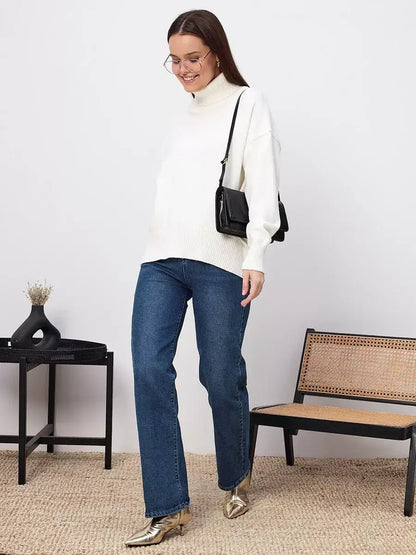 Elara Sweater - Milk White Turtleneck Knitwear from Lauven, showcasing stylish comfort and versatility.