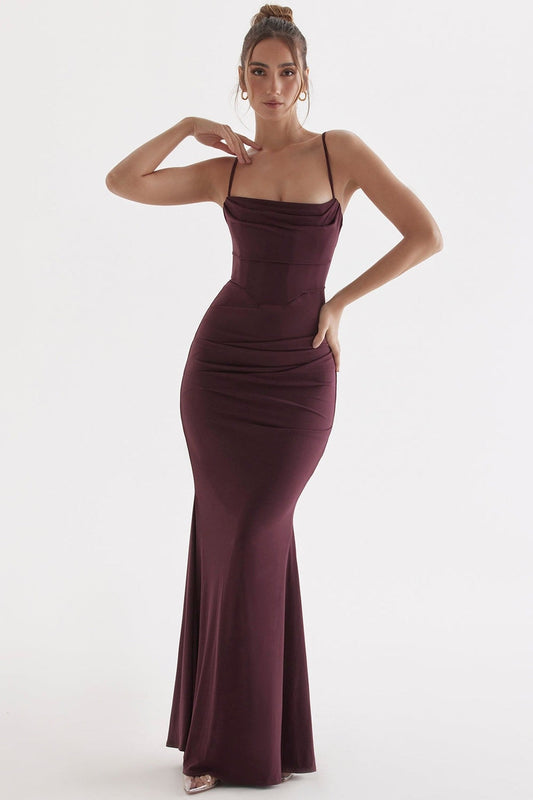 Burgundy satin bodycon maxi dress with cowl neckline and adjustable straps, perfect for formal occasions or evening events.