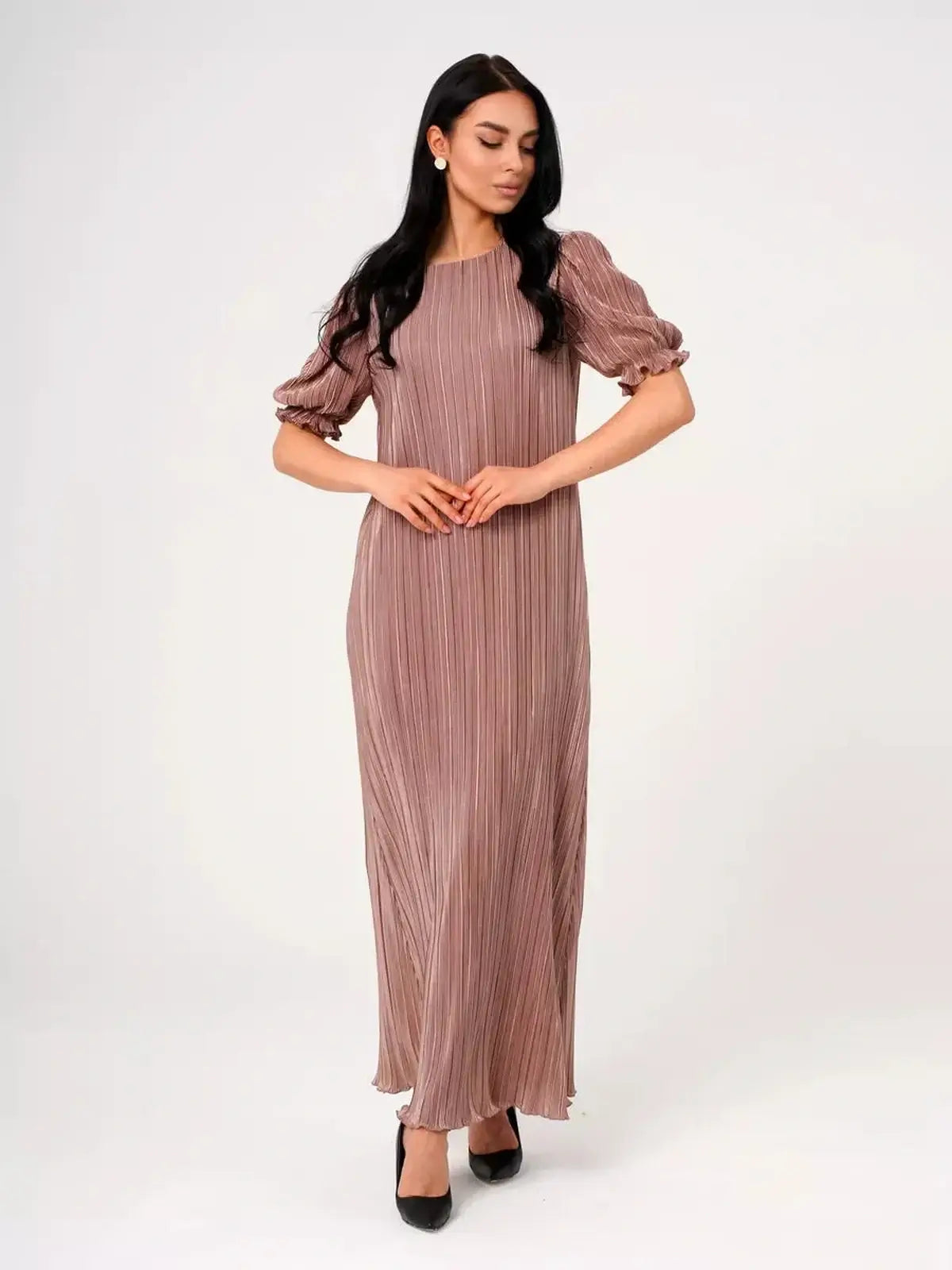 Elegant cappuccino Celeste Maxi Dress with pleats and puff sleeves, perfect for weddings and formal events.