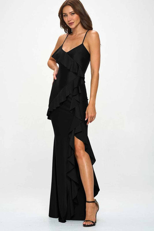 Elegant black Iris Maxi Dress with ruffles and a high slit, perfect for wedding guests or formal occasions.