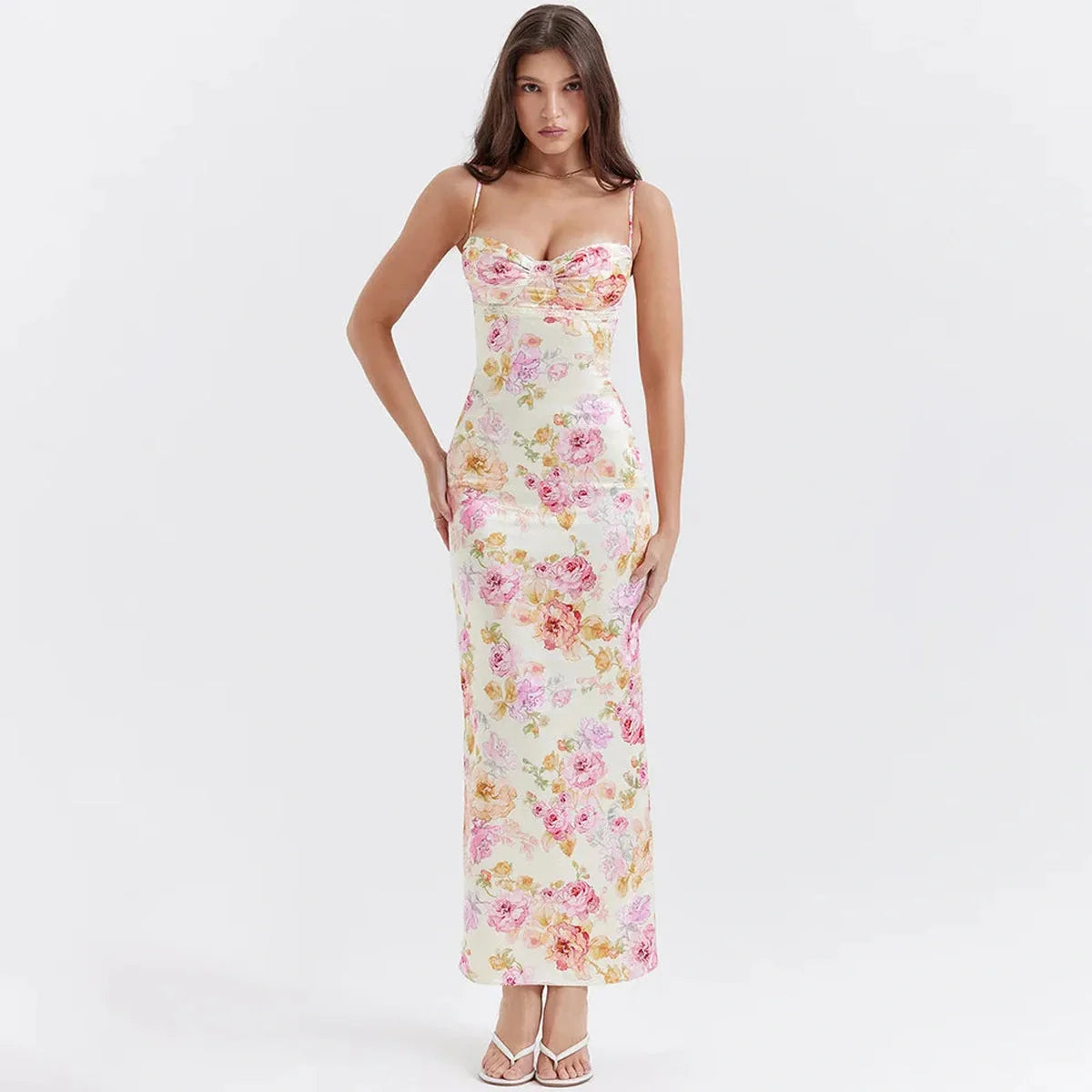 Elodie Maxi Dress featuring a floral design, perfect for summer, weddings, or formal occasions.