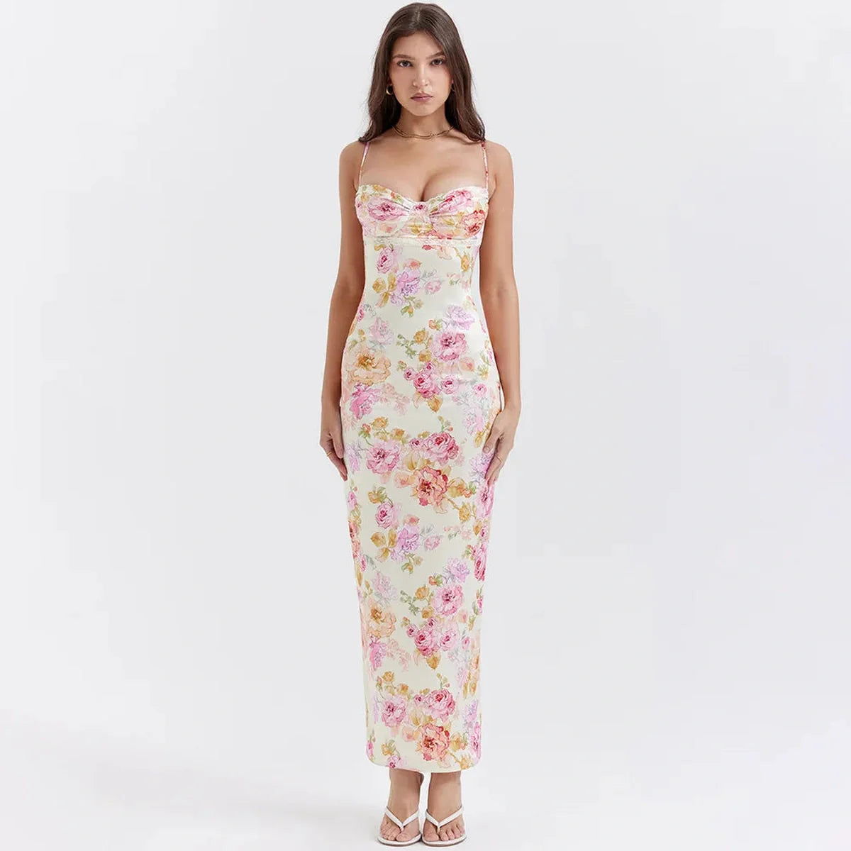 Elodie Maxi Dress featuring a floral print, bodycon silhouette, perfect for summer weddings and special occasions.