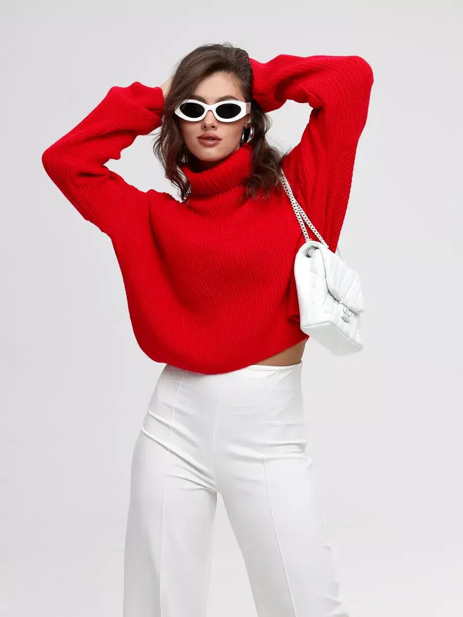Ember Pullover by Lauven, oversized knit sweater in red with high neck, perfect blend of comfort and modern style.