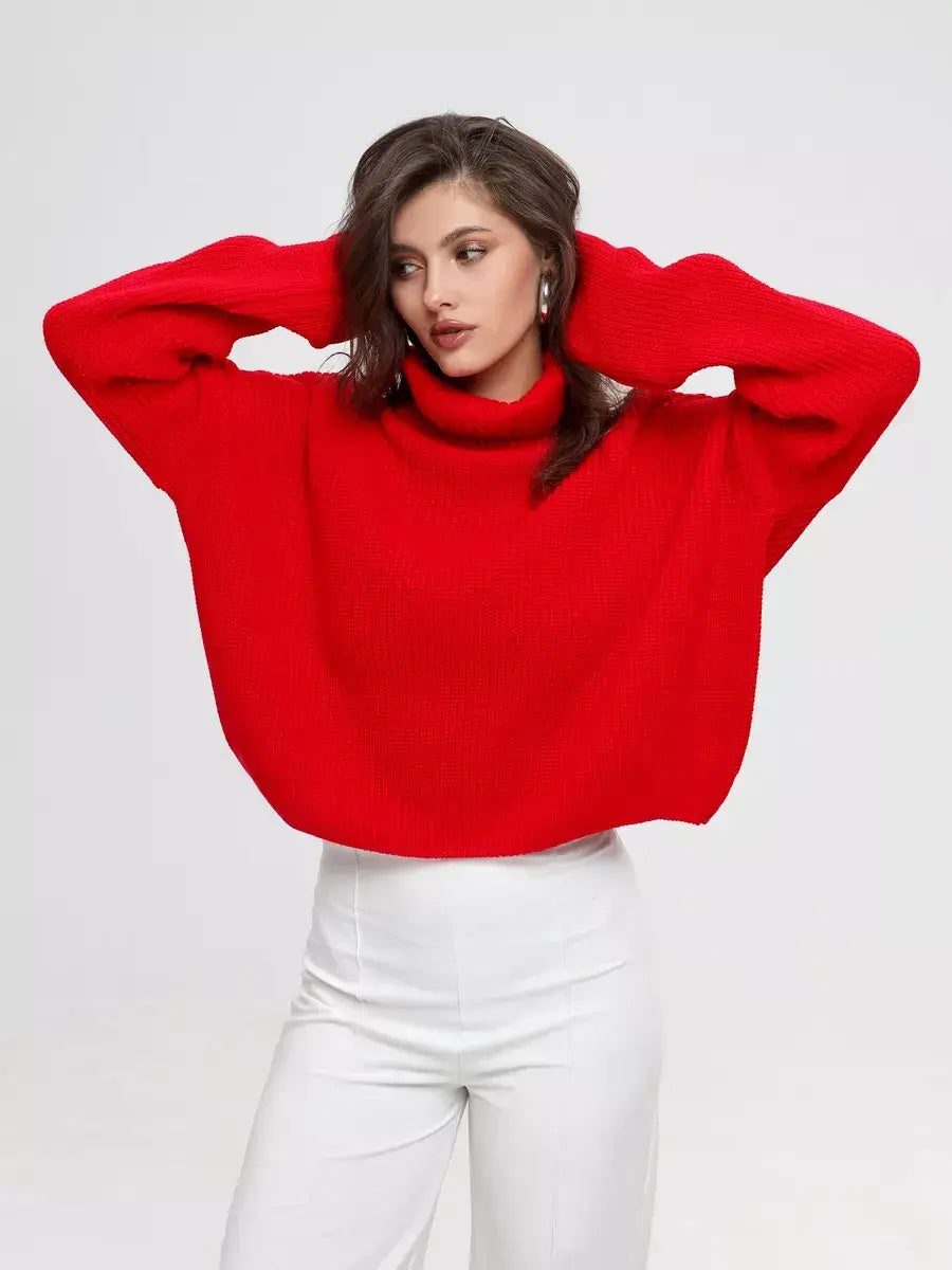 Ember Pullover by Lauven, oversized red knit sweater with high neck, perfect blend of comfort and style.