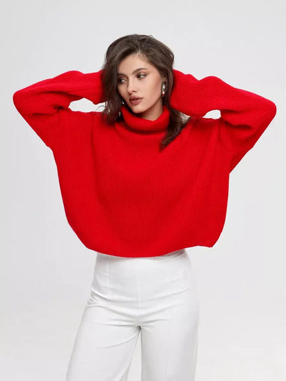 Ember Pullover by Lauven, oversized red knit sweater with high neck, perfect blend of comfort and style.