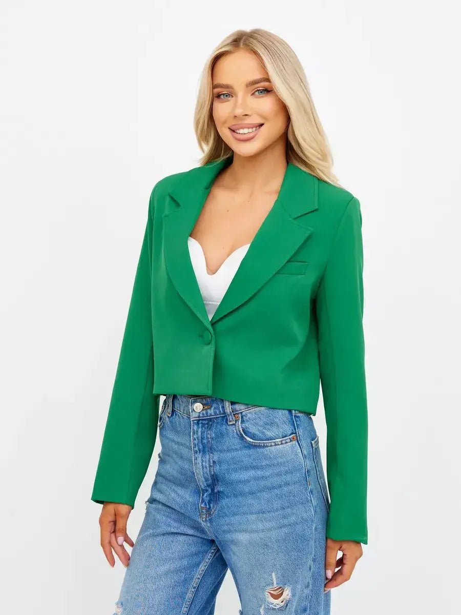 Emerald Blazer by Lauven in vibrant green, featured on a model with casual denim for stylish elegance.