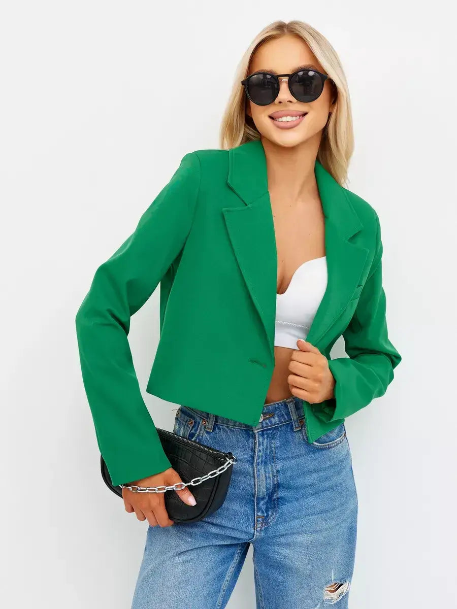 Emerald Blazer by Lauven in vibrant green, featuring a cropped tailored design, perfect for stylish casual or work looks.