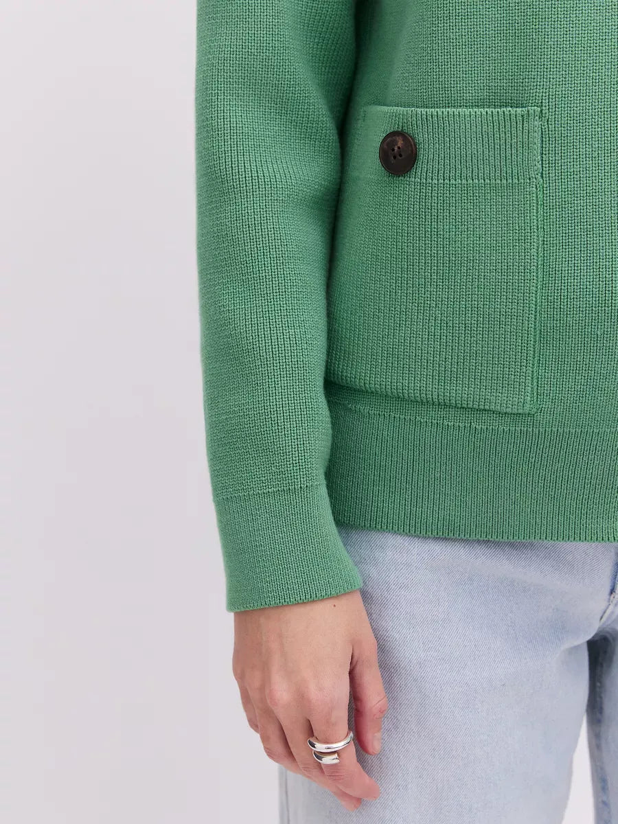 Emerald Cardigan by Lauven, showcasing a button-up design and patch pocket in fresh green.