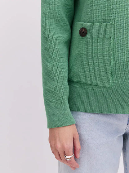 Emerald Cardigan by Lauven, showcasing a button-up design and patch pocket in fresh green.