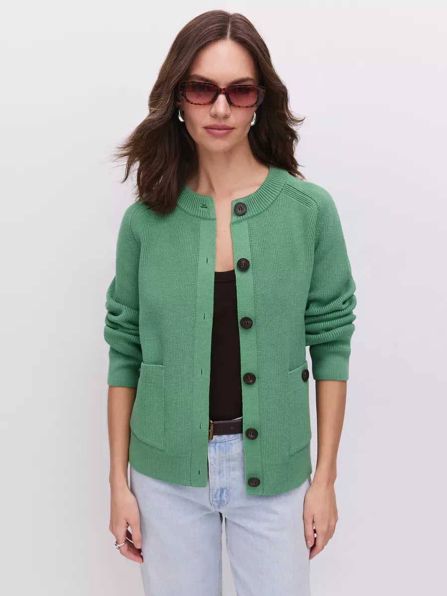 Emerald Cardigan by Lauven, stylish women's button-up knit in fresh green, featuring practical patch pockets.