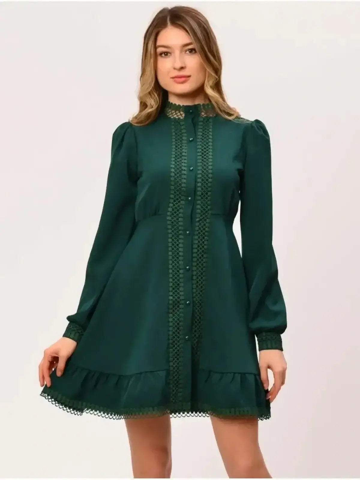 Emerald Grace green mini dress with button front, flared skirt, and high stand collar for women's occasions.