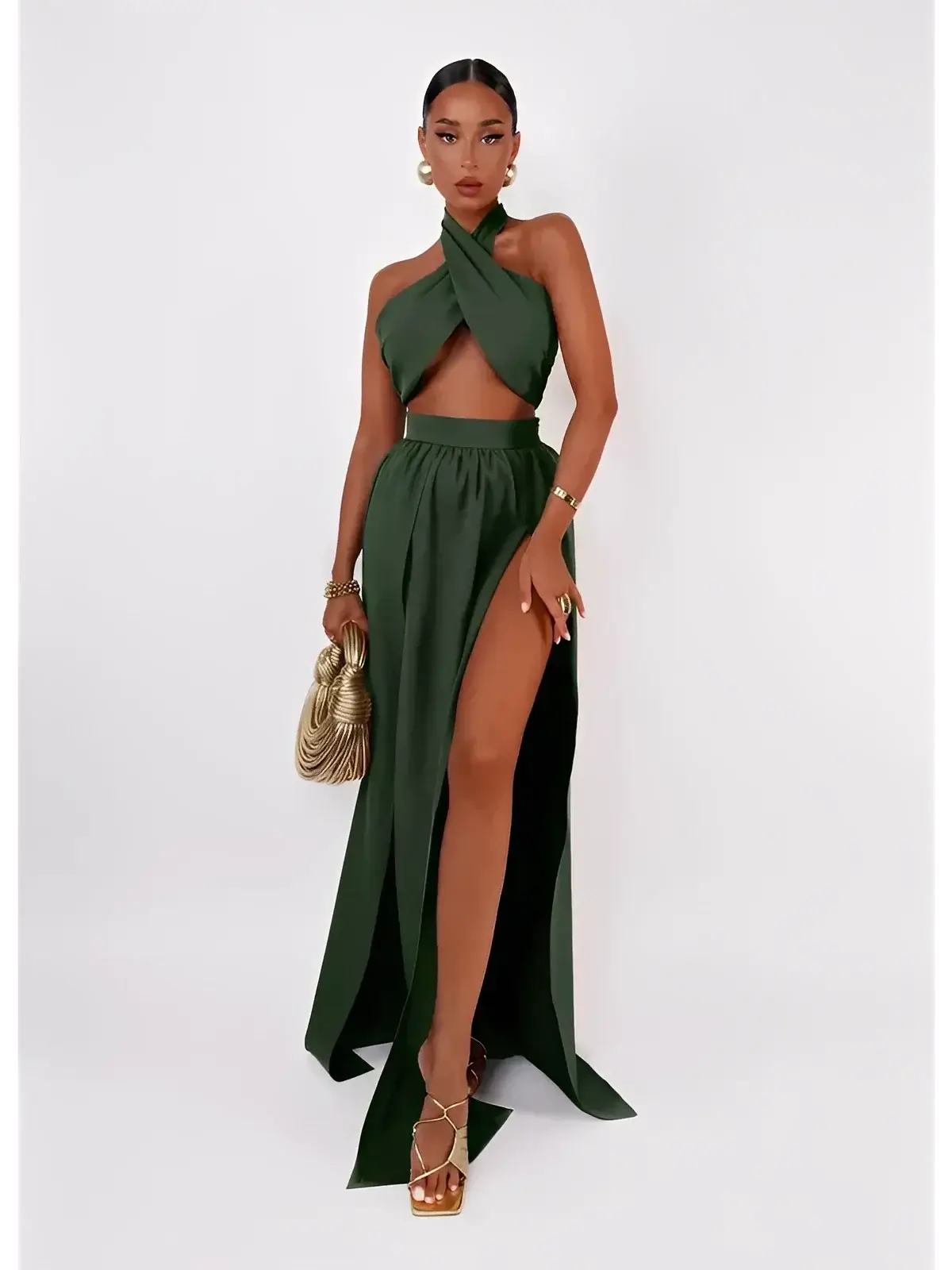 Emerald Muse Set by Lauven - Halter crop top and maxi skirt with front slit in deep green color.