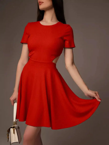 Bold red Flare Cutout Mini dress with short sleeves, ideal for summer, weddings, and celebrations.
