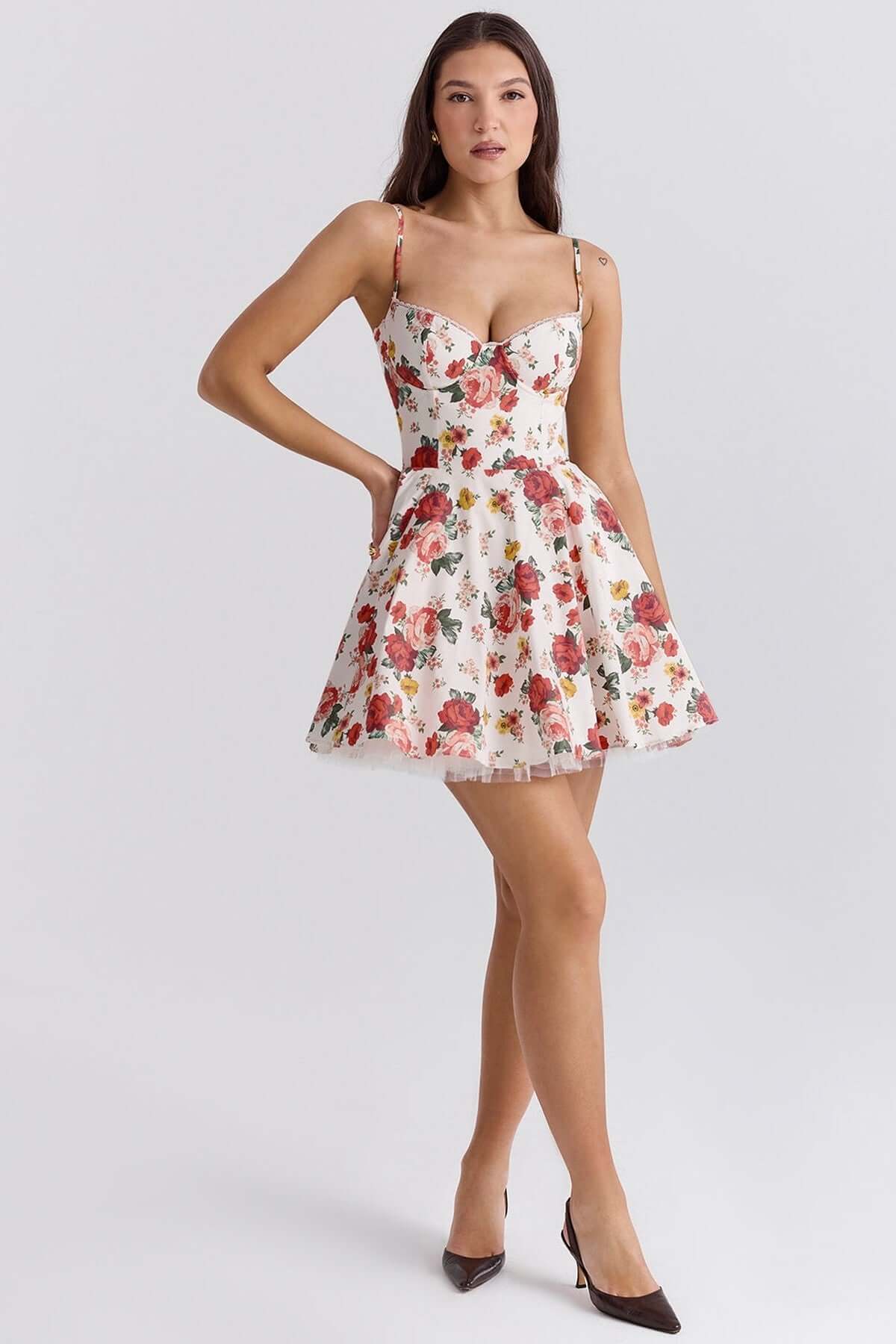 Garden Muse Mini Dress featuring a floral design, perfect for summer, weddings, or cocktail events.