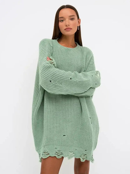 Frost Knit Mini in soft mint green, oversized chunky knit sweater dress with distressed details for a stylish look.