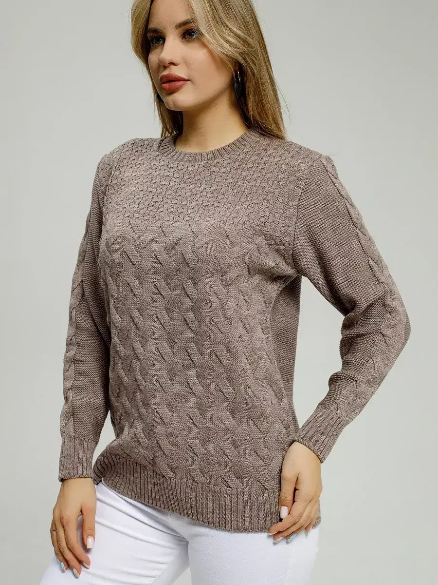 Gaia Sweater by Lauven in warm brown knitwear, showcasing comfort and stylish design.