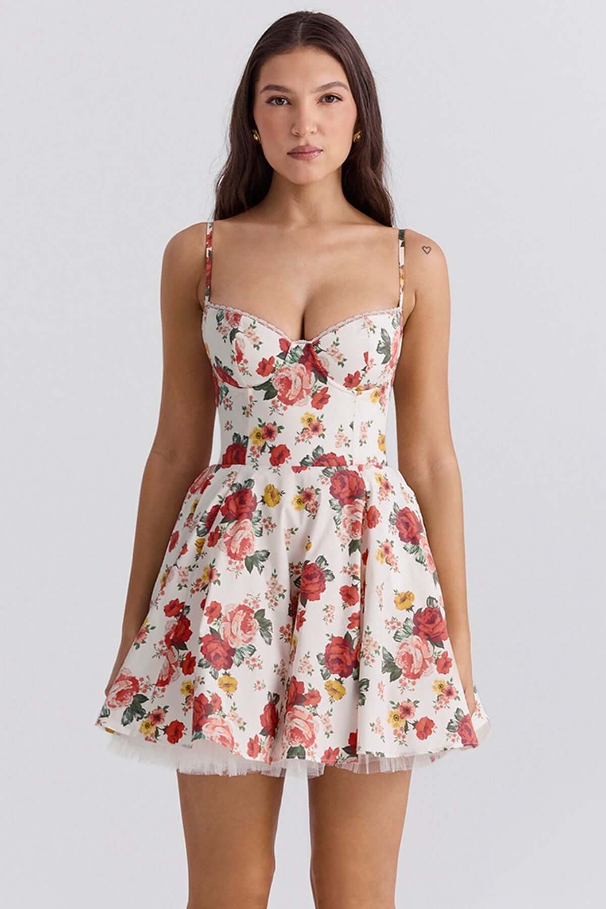 Garden Muse Mini Dress with floral print and voluminous skirt, perfect for summer and wedding guest occasions.