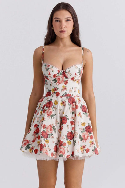 Garden Muse Mini Dress with floral print and voluminous skirt, perfect for summer and wedding guest occasions.