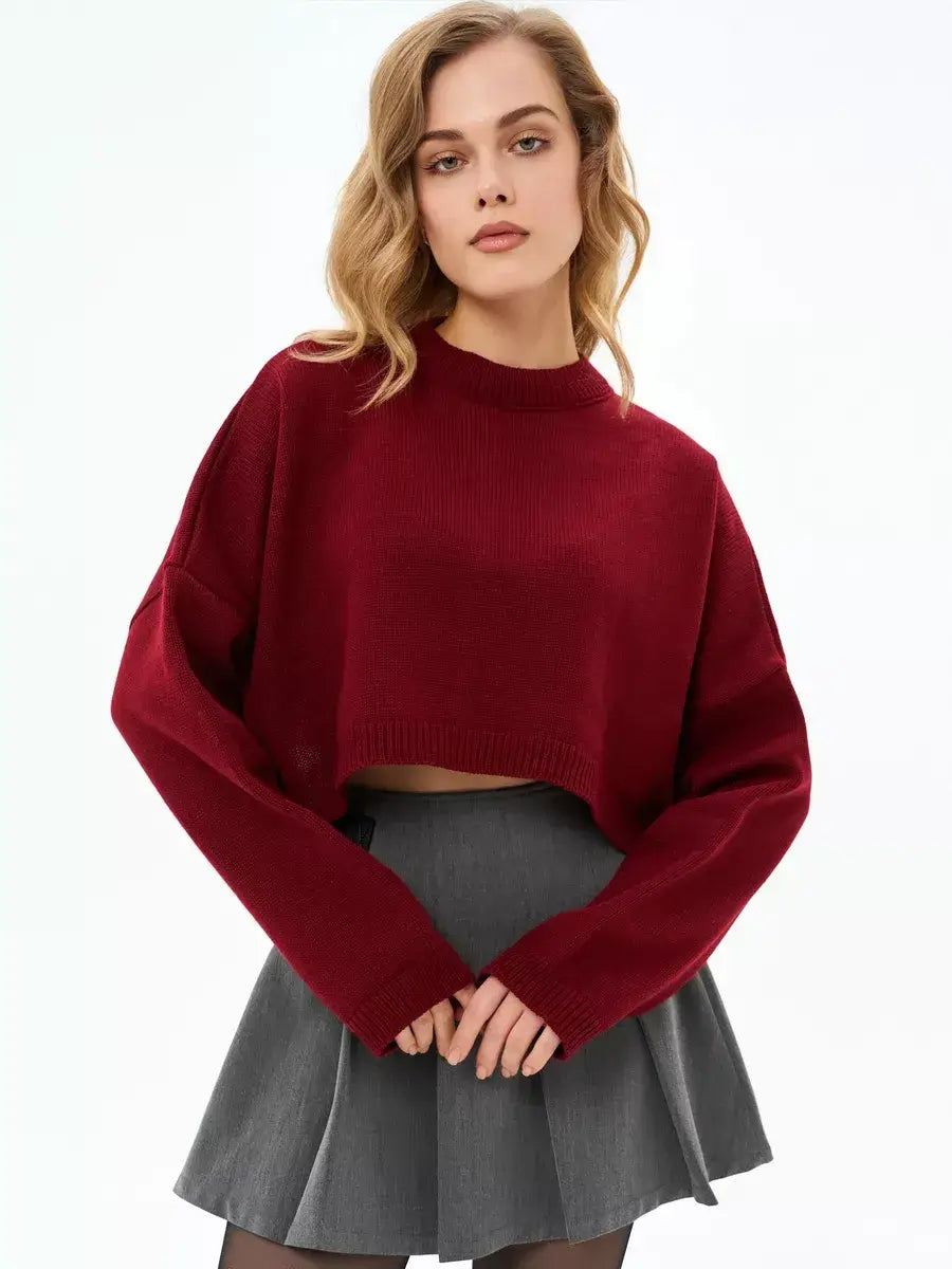 Garnet Sweater by Lauven - Cropped Oversized Knit in Deep Burgundy for cozy, stylish looks.