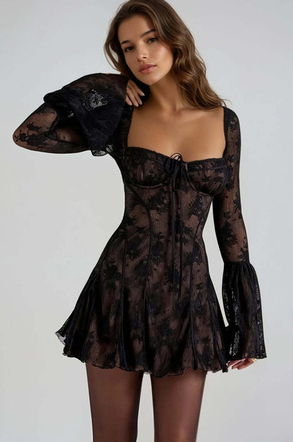 Grace Mini Dress featuring vintage lace design, graceful flare sleeves, and a flattering fit for women.