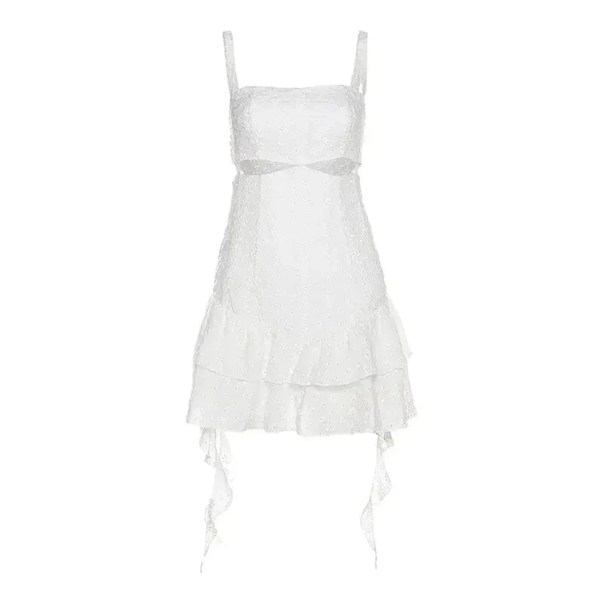 Grace Mini Dress in white, featuring elegant lace detail, perfect for summer parties, weddings, and special occasions.