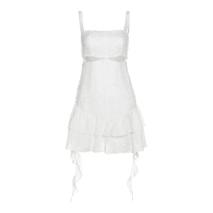 Grace Mini Dress in white, featuring elegant lace detail, perfect for summer parties, weddings, and special occasions.