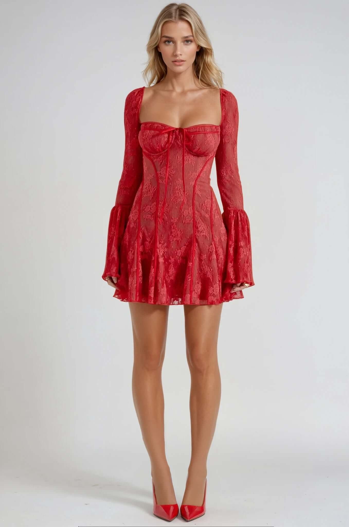 Red Grace Mini Dress with lace overlay and flare sleeves, ideal for wedding guests, parties, and summer occasions.