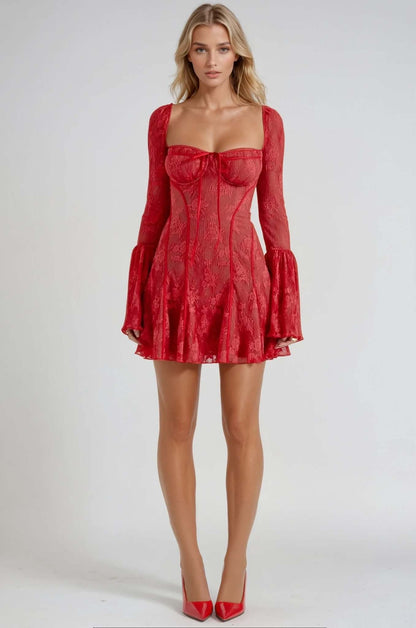 Red Grace Mini Dress with lace overlay and flare sleeves, ideal for wedding guests, parties, and summer occasions.