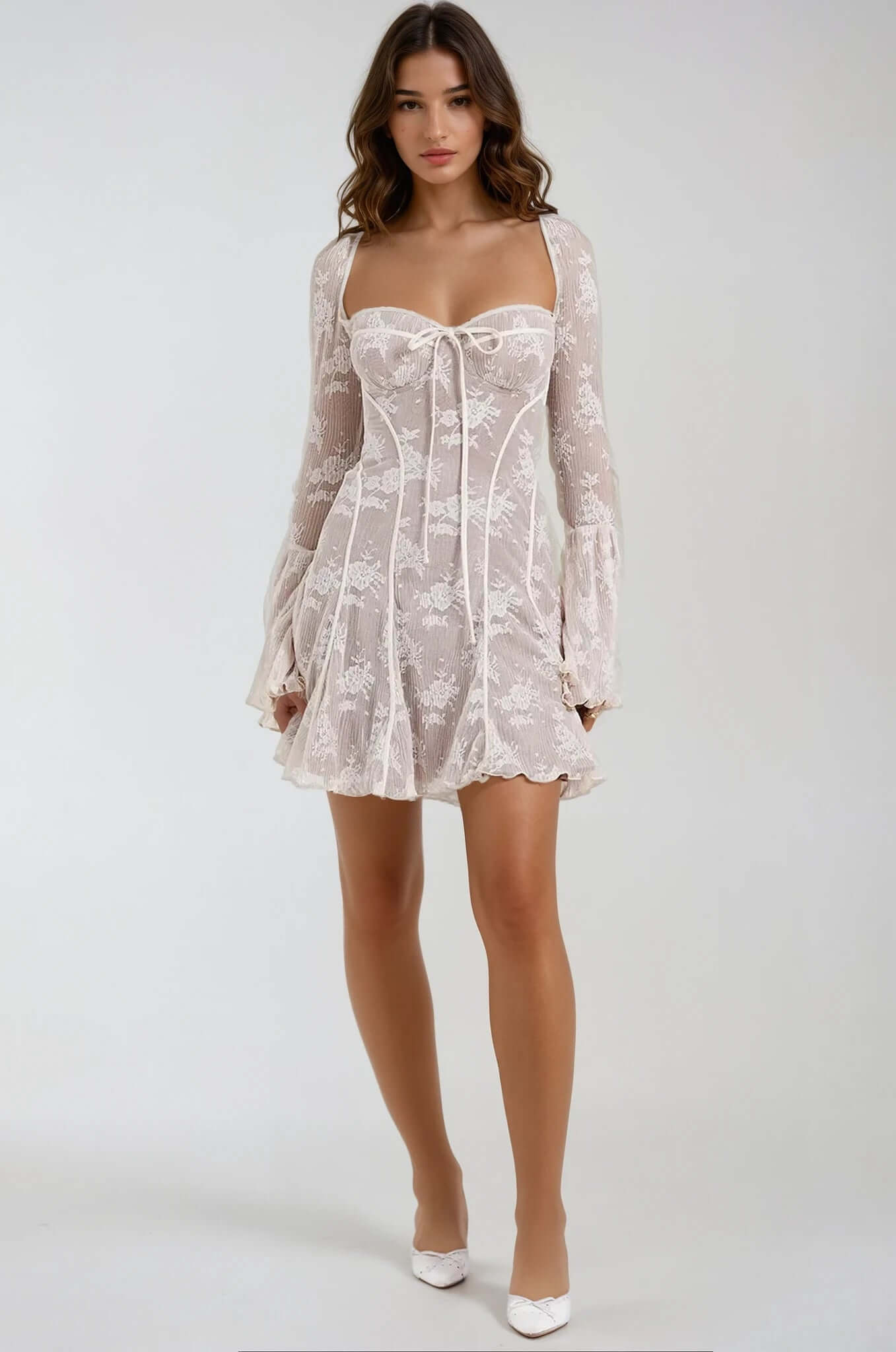 Grace Mini Dress featuring vintage lace design, flared sleeves, perfect for wedding guests and summer parties.