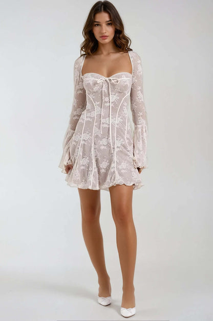 Grace Mini Dress featuring vintage lace design, flared sleeves, perfect for wedding guests and summer parties.