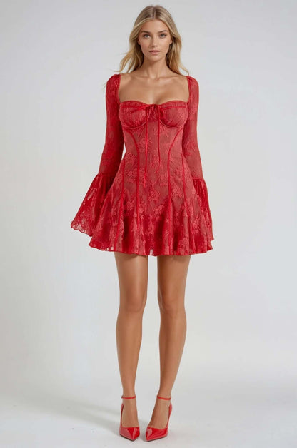 Grace Mini Dress in red lace with flare sleeves, perfect for wedding guests or summer parties, featuring a flattering silhouette.