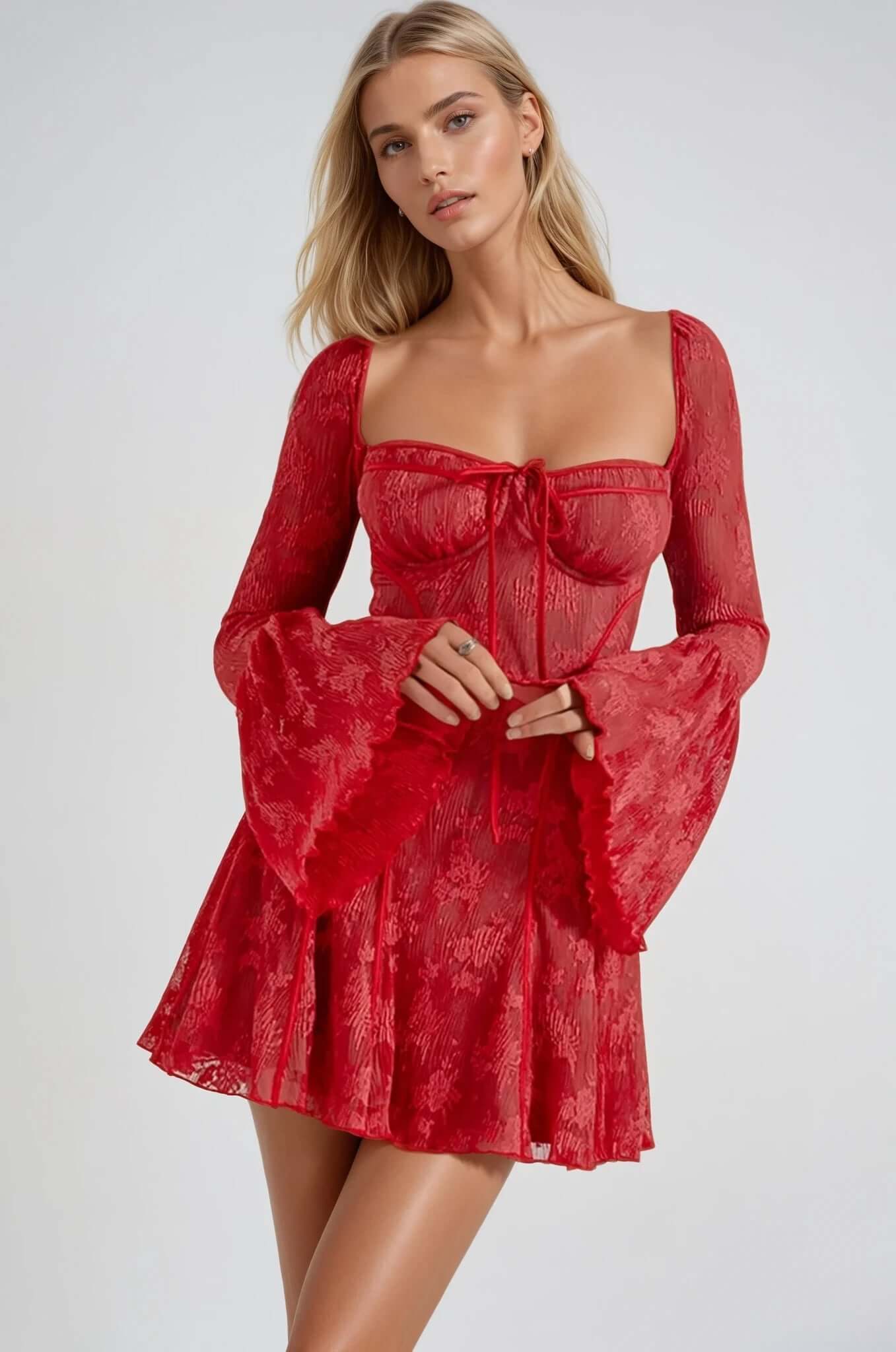 Red lace mini dress with bell sleeves, perfect for summer parties and formal occasions.