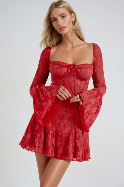 Red lace mini dress with bell sleeves, perfect for summer parties and formal occasions.