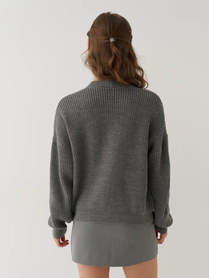 Granite Cardigan by Lauven, back view of oversized gray knit cardigan showcasing its stylish, cropped design.