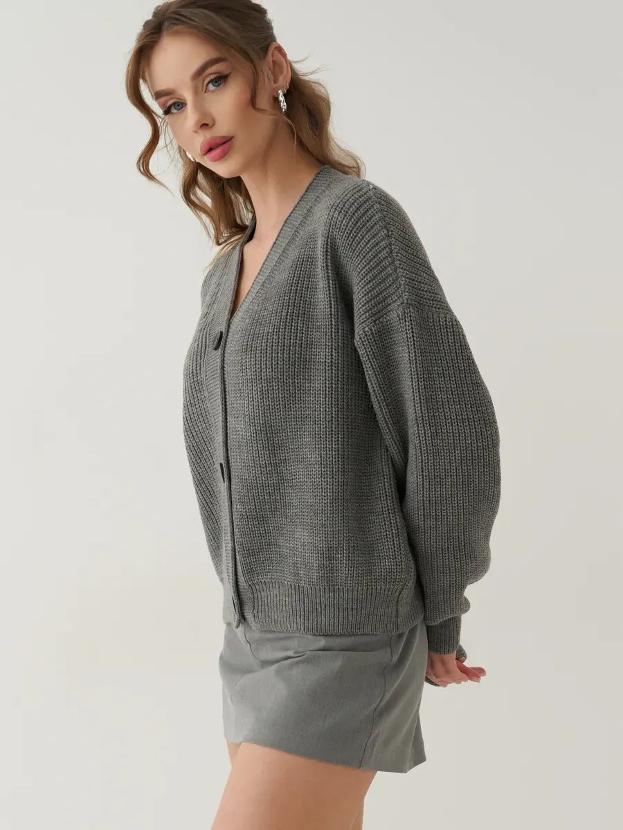 Granite Cardigan by Lauven - Oversized button-front gray knitwear for women