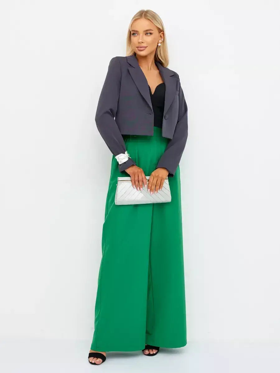 Graphite Blazer by Lauven: Cropped dark gray blazer paired with green wide-leg pants.